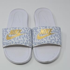 Nike White Slides with Light Blue Leopard Print and Gold Logo